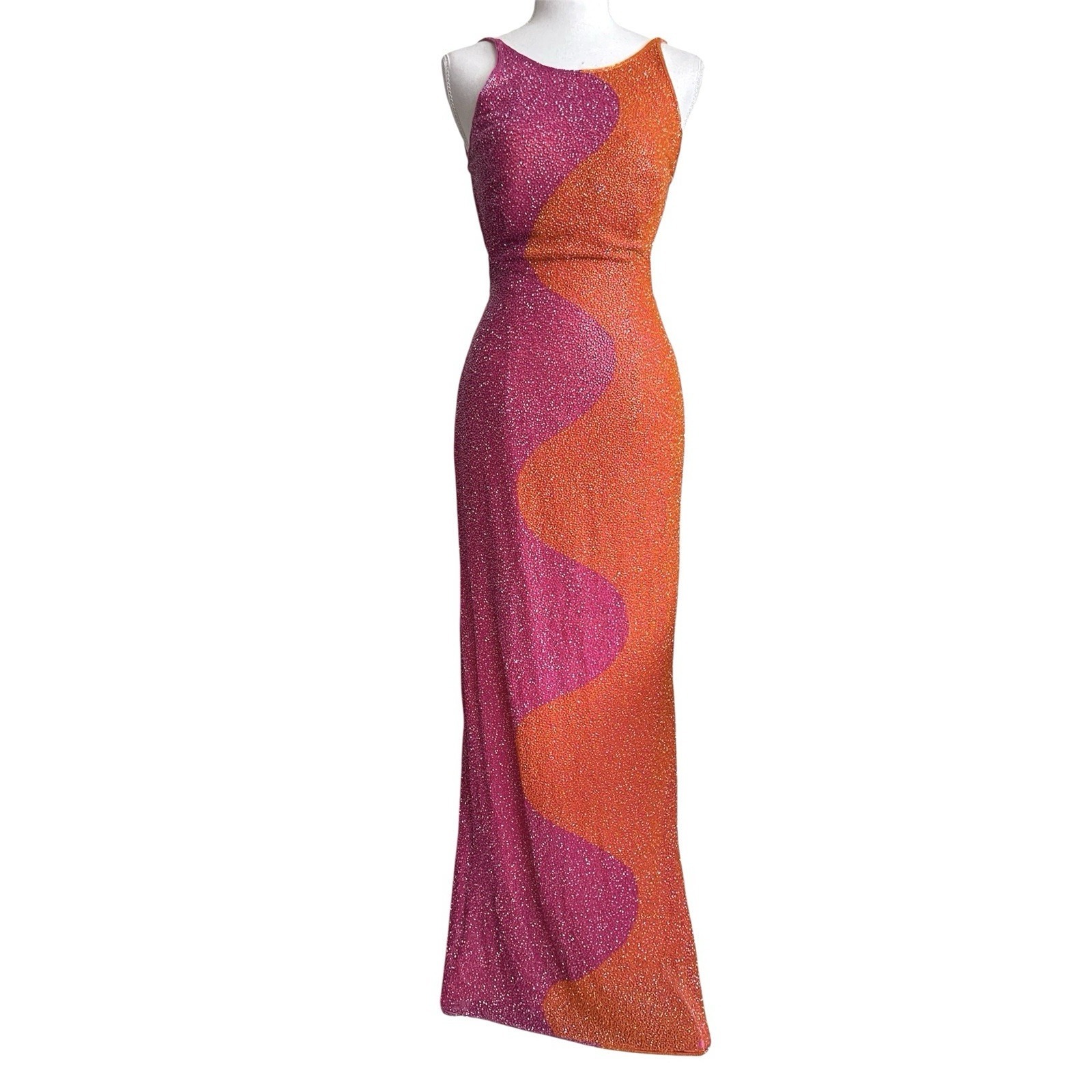 Vintage Y2k Sean Collection Fully Beaded Silk Backless Gown Glam Prom Retro